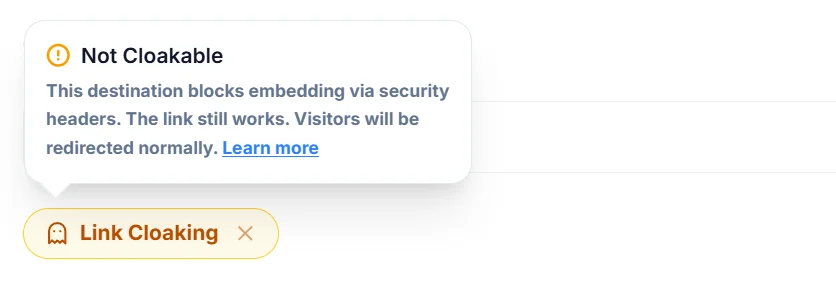 Linkryse dashboard showing the amber Not Cloakable badge on a site with iframe blocking headers