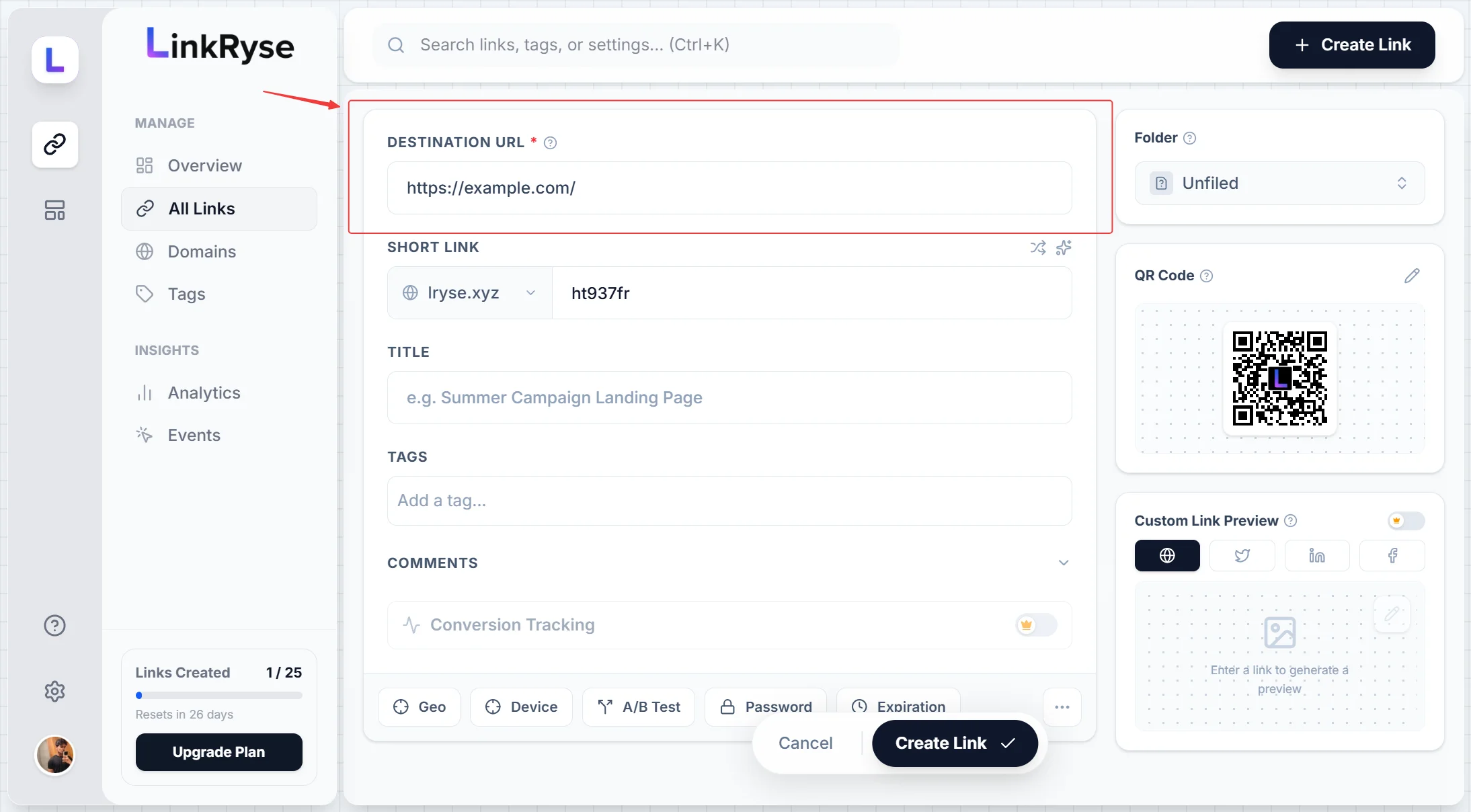 Linkryse create link form in empty state