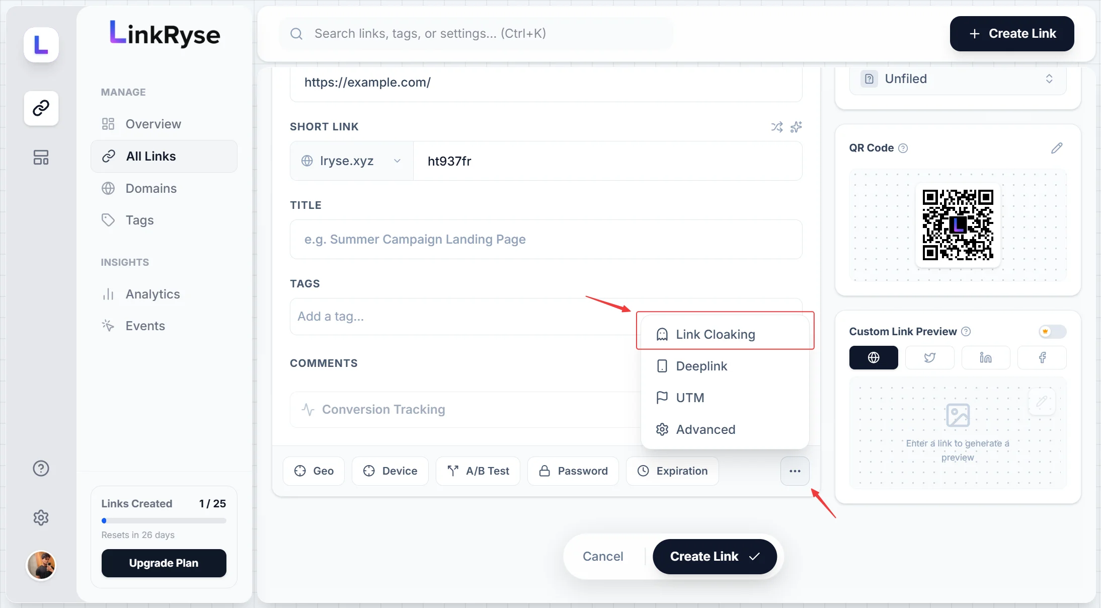 Create link form with the more options menu open, Link Cloaking option highlighted with a red arrow