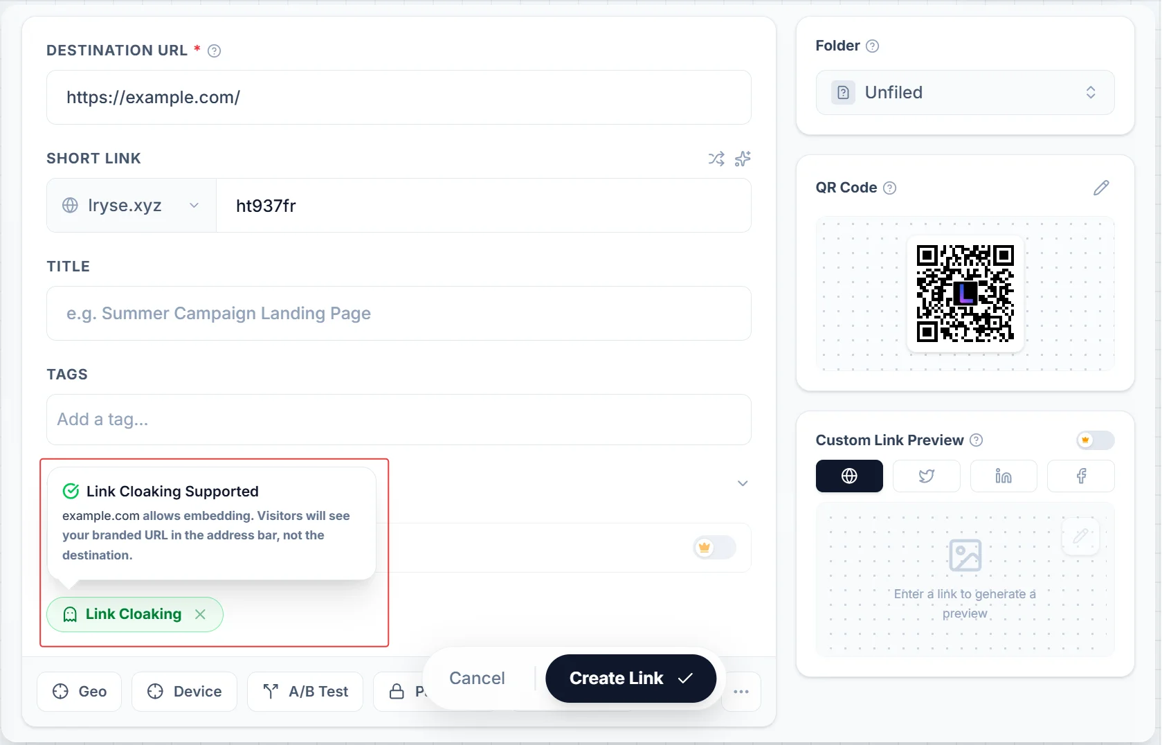 Create link form showing the green Link Cloaking badge with the tooltip confirming the site allows embedding